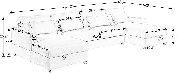 128.3" Modern Large U-Shaped Sectional Sofa with 2 Storage Chaise and 4 Lumbar Pillows, Oversized Reversible Upholstered Couch for Living Room, Apartment, Office, Gray, 128.3 Inch - LeafyLoom