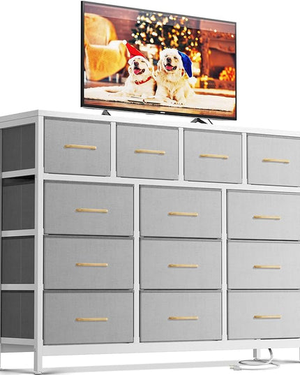 ODK Dresser with Charging Station, 57-Inch Long Dresser TV Stand for Bedroom, Large Dresser with 13 Storage Drawers, Chest of Drawers Easy-Pull Fabric Dressers for Living Room, Grey - LeafyLoom