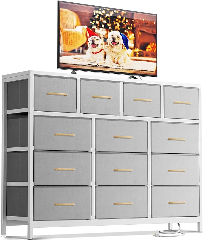 ODK Dresser with Charging Station, 57-Inch Long Dresser TV Stand for Bedroom, Large Dresser with 13 Storage Drawers, Chest of Drawers Easy-Pull Fabric Dressers for Living Room, Grey - LeafyLoom