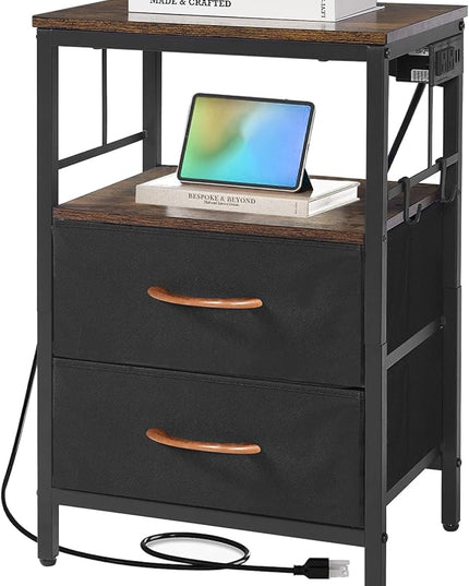 Nightstand with Charging Station, Side Table with Fabric Drawers and Open Shelf, Night Stand for Bedroom Decor, Bedside Table with USB Ports & Outlets (Rustic Brown,1) - LeafyLoom