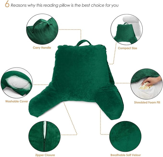 Clara Clark Reading Pillow for Kids, Small Back Pillow for Sitting Up in Bed, Memory Foam Back Support Pillow, Reading Pillows for Sitting in Bed, Dark Green Gaming Pillow with Arms and Pockets - LeafyLoom