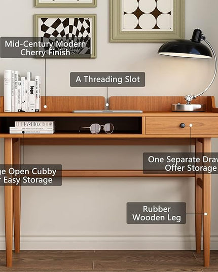 Vintage-style Desk with Scandinavian Flair, Computer or Laptop Desk, Writing Desk with Drawer and Open Storage Cubby, Small Space Dressing Table. - LeafyLoom