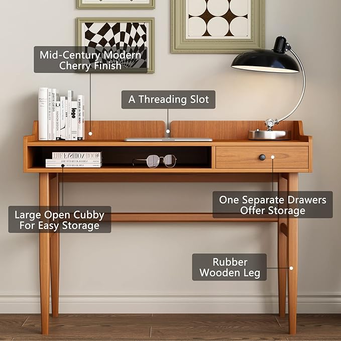 Vintage-style Desk with Scandinavian Flair, Computer or Laptop Desk, Writing Desk with Drawer and Open Storage Cubby, Small Space Dressing Table. - LeafyLoom