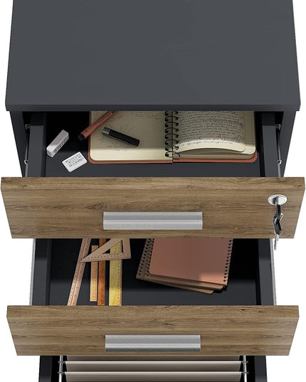 Lazio File Cabinet with Lock - Filing Cabinet for Home and Office - 3 Drawer Small Rolling File Cabinet -Wood Printer Stand with Storage for A4 Size/Legal Documents, File Folders (Cass Walnut/Black) - LeafyLoom