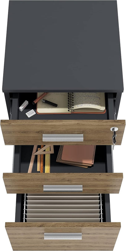 Lazio File Cabinet with Lock - Filing Cabinet for Home and Office - 3 Drawer Small Rolling File Cabinet -Wood Printer Stand with Storage for A4 Size/Legal Documents, File Folders (Cass Walnut/Black) - LeafyLoom