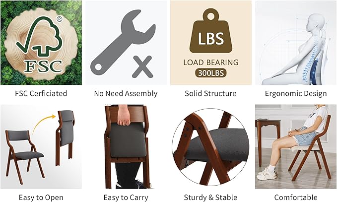 Ball & Cast Padded Folding Chairs 2 Pack,Solid Wood Frame,18" Seat Height,Space Saving,Easy to CarrySuitable for dining room, bedroom and outdoor, Light gray - LeafyLoom