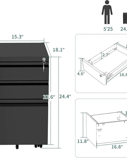 YITAHOME 3-Drawer Mobile File Cabinet with Lock, Office Storage Filing Cabinet for Legal/Letter Size, Pre-Assembled Metal File Cabinet Except Wheels Under Desk -Black - LeafyLoom