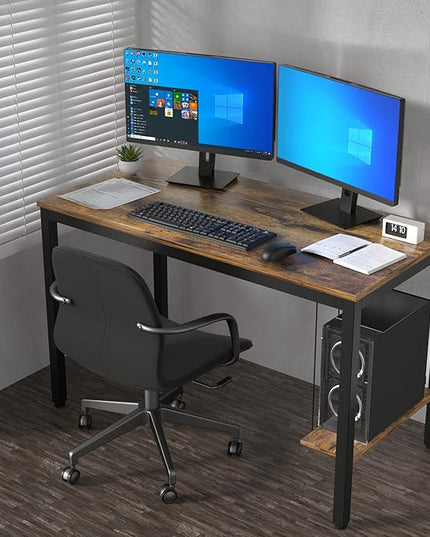 Computer Desk 47" Writing Desk Study Table with CPU Storage Shelf for Home Office, Workstation, Office, Gaming Room- Sturdy Stable Black Metal Frame, Rustic Brown - LeafyLoom