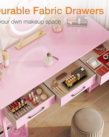 ODK Vanity Desk with Fabric Drawers & Storage Shelves, Makeup Dressing Table, Home Office Desks for Bedroom, Modern Simple Writing Desk,Pink, 48"x16" (No Mirror - LeafyLoom