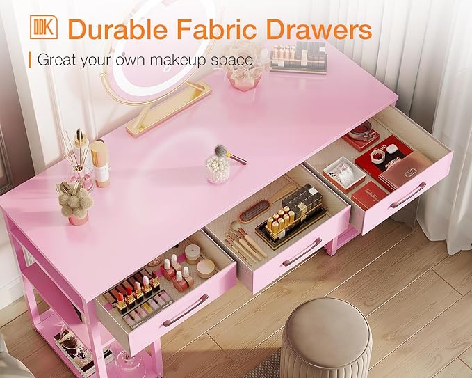 ODK Vanity Desk with Fabric Drawers & Storage Shelves, Makeup Dressing Table, Home Office Desks for Bedroom, Modern Simple Writing Desk,Pink, 48"x16" (No Mirror - LeafyLoom
