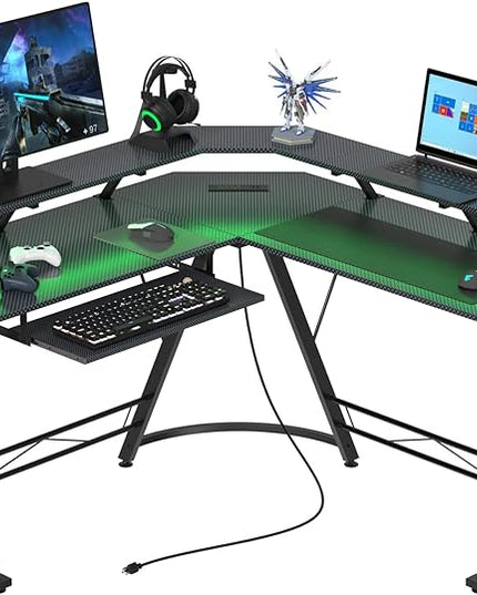 L Shaped Gaming Desk with LED Lights and Power Outlet, Computer Desk with Monitor Stand, Untimate Corner Desk with Hooks and Keyboard Tray, Carbon Fiber, Black - LeafyLoom