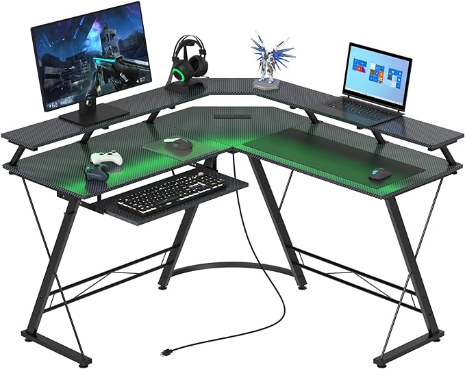L Shaped Gaming Desk with LED Lights and Power Outlet, Computer Desk with Monitor Stand, Untimate Corner Desk with Hooks and Keyboard Tray, Carbon Fiber, Black - LeafyLoom