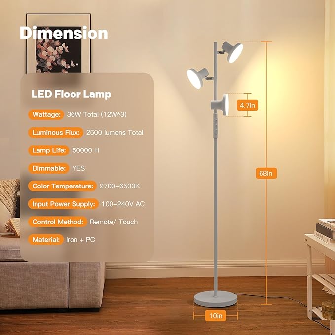 36W Silver Gray Floor Lamp, Super Bright LED Standing Lamp with Remote Control, 4 Color Temperatures, 3 Rotatable LED Lights, Dimmable Tree Floor Lamps for Living Room, Bedroom, Office - LeafyLoom