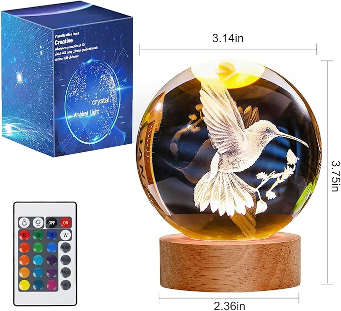 Bird Gifts for Kids, Large 3D Bird Lamp, Crystal Bird Night Light 16 Color Changing with Remote Control for Bedroom Decor, Bird Figurines - LeafyLoom