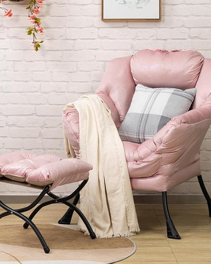 HollyHOME Fabric Lazy Chair with Foldable Ottoman, Accent Comfy Lounge Arm Chair and Folding Footrest Stool Set, Leisure Sofa Reading Chair and Footstool for Living Room, Bedroom, Dorm, Laser Pink - LeafyLoom