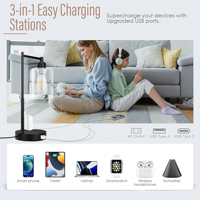 Yarra-Decor Industrial Bedside Table Lamp Set of 2 3-Way Dimmable Lamps for Bedroom Modern USB Nightstand Lamp with Glass Shade Reading Table Lamps for Office, Dorm (LED Bulb Included) - LeafyLoom