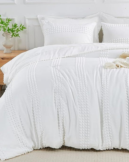 ENJOHOS Queen Comforter Set 7 Piece - White Comforters Queen Size, Queen Bed in a Bag Set, Boho Tufted Bedding Comforter Set with Pom Pom Design, Lightweight Soft Microfiber Comforter Bed Set - LeafyLoom