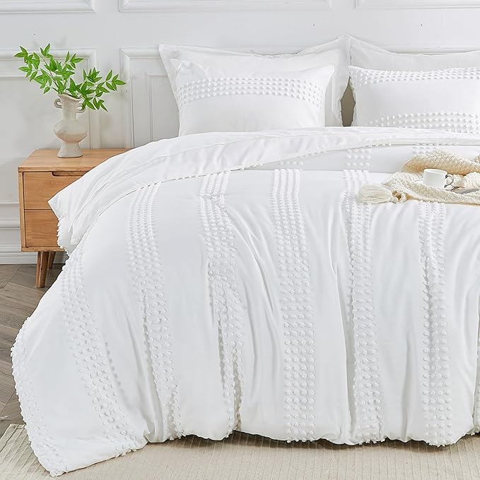 ENJOHOS Queen Comforter Set 7 Piece - White Comforters Queen Size, Queen Bed in a Bag Set, Boho Tufted Bedding Comforter Set with Pom Pom Design, Lightweight Soft Microfiber Comforter Bed Set - LeafyLoom