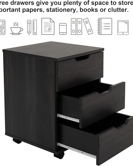 Farini 3-Drawer Vertical Filing Cabinet Rolling Wood Mobile File Cabinets Under Desk for Home Office with Casters (Dark Walnut, Non-Assembled) - LeafyLoom