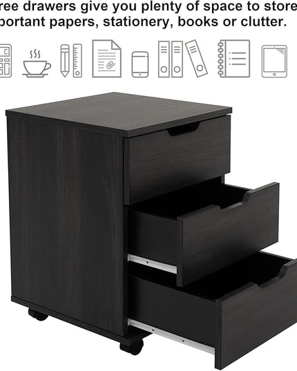 Farini 3-Drawer Vertical Filing Cabinet Rolling Wood Mobile File Cabinets Under Desk for Home Office with Casters (Dark Walnut, Fully Assembled) - LeafyLoom