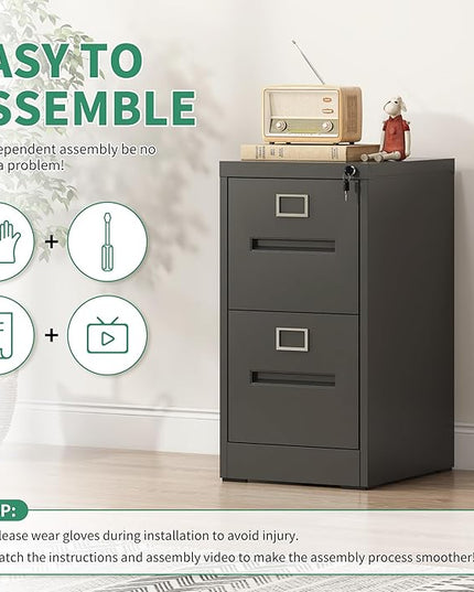 2 Drawer File Cabinet,Metal Filing Cabinets with Lock,Black Vertical File Cabinet for Home Office,Heavy Duty Metal Storage Cabinet for A4/Letter/Legal Size File,Assembly Required - LeafyLoom