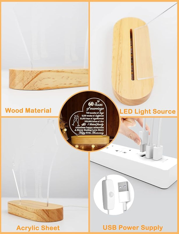 FULLOSUN Anniversary Wedding Gifts for Him/Her, I Love You Night Light 3D Illusion Lamp for Couple Wife Husband Romantic Valentines Wedding Day Present (60th) - LeafyLoom