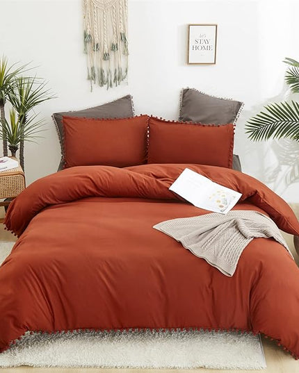 Burnt Orange Comforter Set Full Size Rust Pom Comforter 3 PCs Burnt Orange Boho Ball Pom Fringe Full Comforter Bedding Set Women Solid Terracotta Full Bed Comforter Set All Season Gift - LeafyLoom
