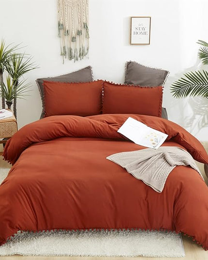 Burnt Orange Comforter Set Queen Size Rust Pom Comforter 3 PCs Burnt Orange Boho Ball Pom Fringe Queen Comforter Bedding Set Women Solid Terracotta Queen Bed Comforter Set All Season Gift - LeafyLoom
