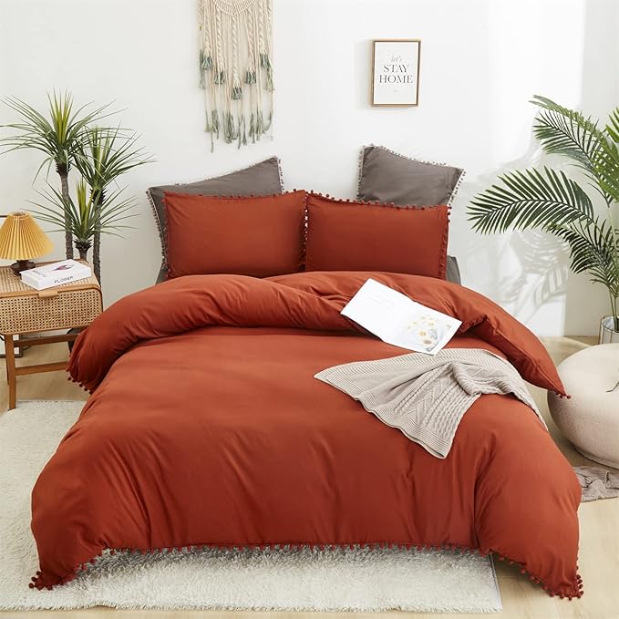 Burnt Orange Comforter Set Queen Size Rust Pom Comforter 3 PCs Burnt Orange Boho Ball Pom Fringe Queen Comforter Bedding Set Women Solid Terracotta Queen Bed Comforter Set All Season Gift - LeafyLoom