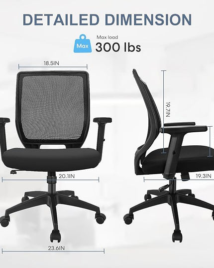 Schwake Ergonomic Office Chair Home Mesh Desk Chair with Adjustable Arms - Mid Back Computer Chairs for Adults - Swivel Task Chair Comfortable for Home Office (Black) - LeafyLoom