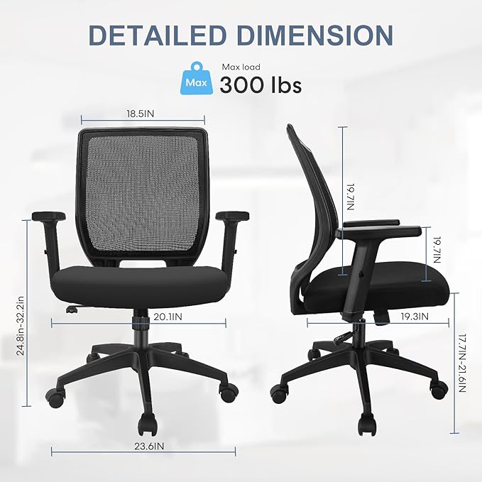 Schwake Ergonomic Office Chair Home Mesh Desk Chair with Adjustable Arms - Mid Back Computer Chairs for Adults - Swivel Task Chair Comfortable for Home Office (Black) - LeafyLoom