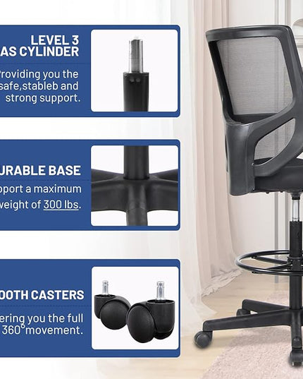 Tall Office Chair, Drafting Chair, High Adjustable Standing Desk Chair, Ergonomic Mesh Computer Task Table Chairs with Adjustable Armrests and Foot-Ring for Standing Desk and Bar Height Desk - LeafyLoom