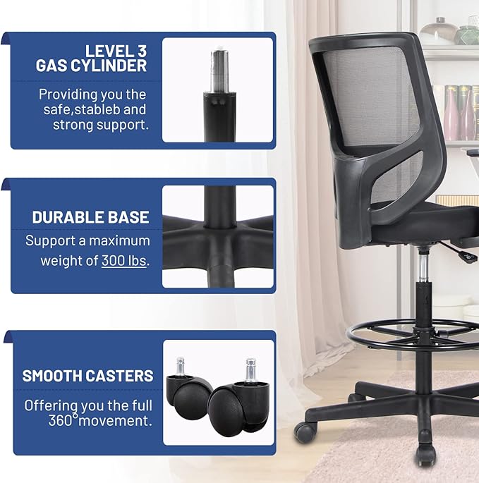 Tall Office Chair, Drafting Chair, High Adjustable Standing Desk Chair, Ergonomic Mesh Computer Task Table Chairs with Adjustable Armrests and Foot-Ring for Standing Desk and Bar Height Desk - LeafyLoom