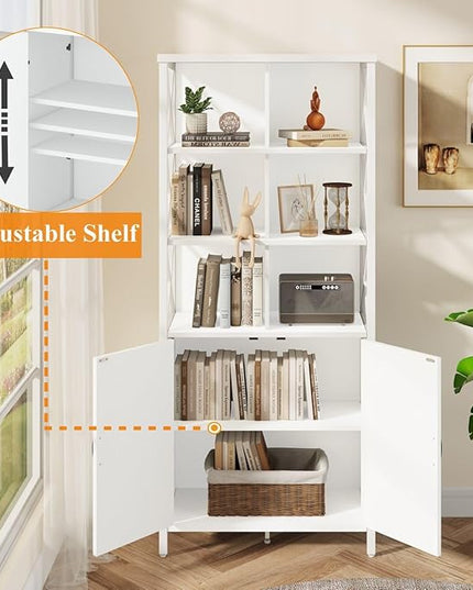FATORRI Bookshelf with Doors, Modern Tall Bookshelf with Cabinet, Wood Book Shelf and Farmhouse Organizer Storage BookCase for Living Room (White Oak) - LeafyLoom