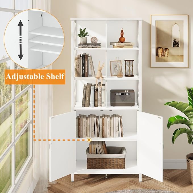 FATORRI Bookshelf with Doors, Modern Tall Bookshelf with Cabinet, Wood Book Shelf and Farmhouse Organizer Storage BookCase for Living Room (White Oak) - LeafyLoom