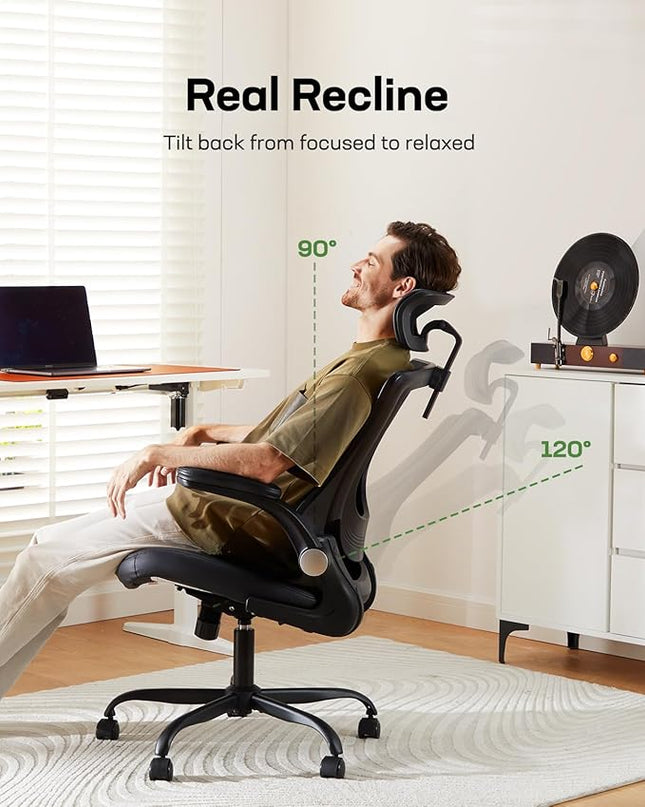 Marsail Office Chair Ergonomic Desk-Chair: Mesh Back Computer Chair with PU Leather Seat,Adjustable Lumbar Support&Flip-up Armrests, Adjustable Height Home Office Desk Chairs - LeafyLoom