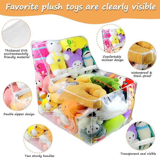 Clear Stuffed Animal Bean Bag Chair Cover for Kids, Waterproof Large Stuffable Beanbag Chair Cover, Creative PVC Plush Toys Storage, for Organizing Toddler & Children Rooms Soft Stuff Animal - LeafyLoom