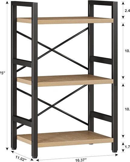 Bookshelf, 3 Tier Industrial Bookcase, Metal Small Bookcase, Rustic Etagere Book Shelf Storage Organizer for Living Room, Bedroom, and Home Office(Light Coffee) Patent Pending D29873033 - LeafyLoom