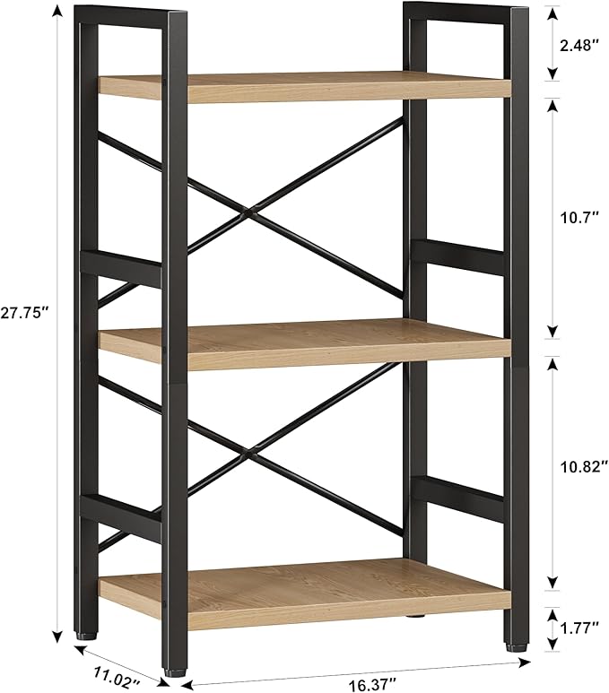 Bookshelf, 3 Tier Industrial Bookcase, Metal Small Bookcase, Rustic Etagere Book Shelf Storage Organizer for Living Room, Bedroom, and Home Office(Light Coffee) Patent Pending D29873033 - LeafyLoom