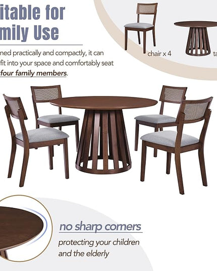5-Piece Retro Vintage Style Wooden Round Dining Table Set with 4 Upholstered Chairs with Rattan Backrests for Kitchen, Breakfast Nook, Living Room, Walnut, 47.2" L x 47.2" W x 29.9" H - LeafyLoom
