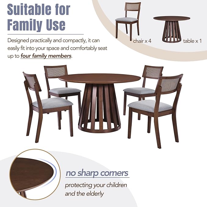 5-Piece Classic Retro Style Dining Set with Round Table and 4 Upholstered Chairs with Rattan Backrests for Kitchen, Living Room, Walnut, 47.2" L x 47.2" W x 29.9" H - LeafyLoom