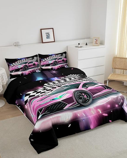 Pink Race Car Bedding Set King Size,Racing Flag Black White Lattice Duvet Cover with 2 Pillowcases,Extreme Sport Game Comforter Cover for Kids Youths Boys Girls Room Decor,Modern Quilt Cover - LeafyLoom