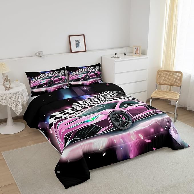 Pink Race Car Bedding Set King Size,Racing Flag Black White Lattice Duvet Cover with 2 Pillowcases,Extreme Sport Game Comforter Cover for Kids Youths Boys Girls Room Decor,Modern Quilt Cover - LeafyLoom