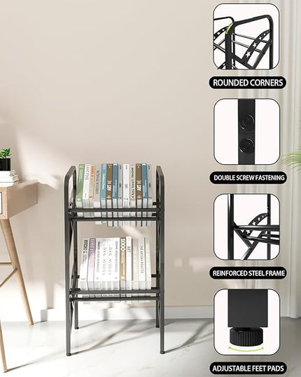 Bookshelf Storage Shelf Bookcase Freestanding Storage Stand Book Organizer for Living Room, Bedroom, Kitchen, Rust Resistance,Easy Assembly Multi-Functional Organizer (2 Tiers, Black) - LeafyLoom