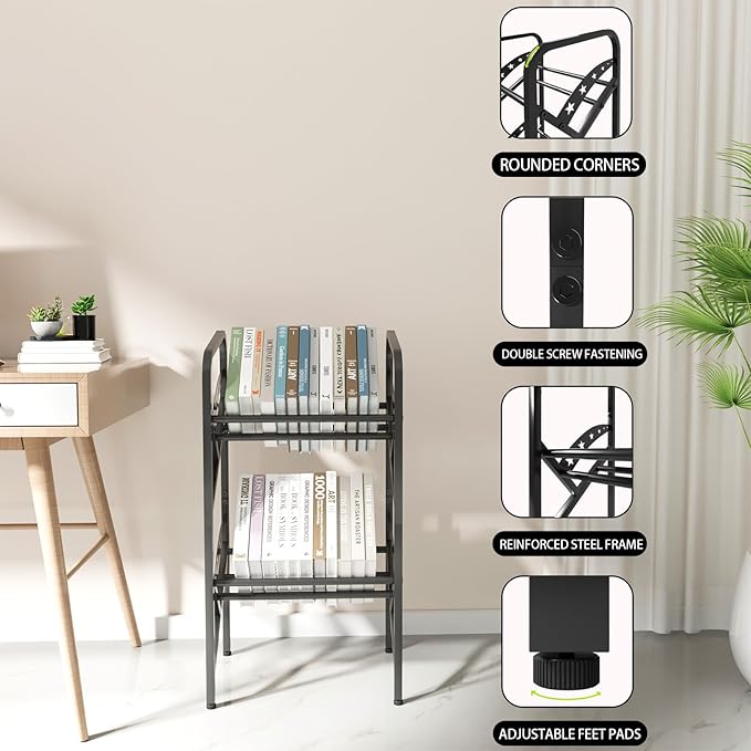 Bookshelf Storage Shelf Bookcase Freestanding Storage Stand Book Organizer for Living Room, Bedroom, Kitchen, Rust Resistance,Easy Assembly Multi-Functional Organizer (2 Tiers, Black) - LeafyLoom