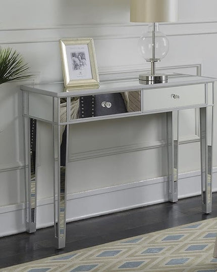 Convenience Concepts Gold Coast Desk 42" Console Table with 2 Drawers for Storage in Living Room, Office, Den, 42 x 15 x 30 inches, Silver/Mirror - LeafyLoom