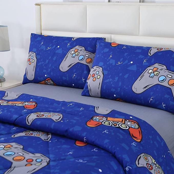 3PCS Blue Gamer Queen Comforter Set for Boys Girls Teens and Kids, Microfiber Lightweight Comforter Queen, Bed in a Bag Cute Bedding, Queen - LeafyLoom