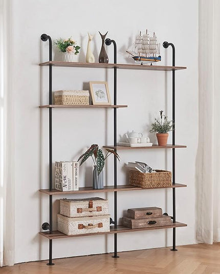 HOMISSUE Industrial Bookshelf 5-Tier Open Wall Mount Ladder Bookshelf, Modern Bookcase with Metal Frame and Wood Style for Home Office, Wall Mounted industrial Iron Pipe Shelf, Oak Brown - LeafyLoom