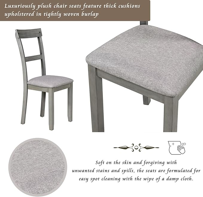 5 Piece Industrial Dinette Sets Wooden Kitchen Dining Table and 4 Matching Upholstered Chairs, for Diningroom Living Room, Easy to Assemble, Gray 1 - LeafyLoom