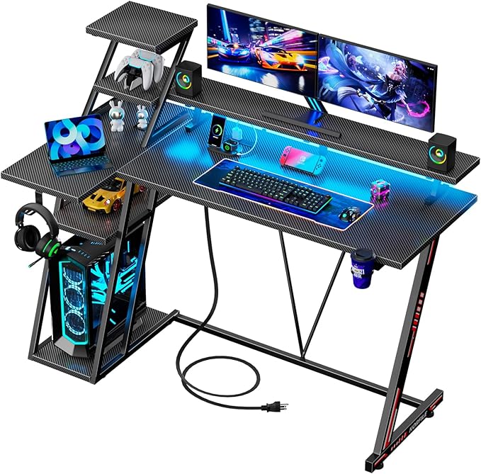 L Shaped Gaming Desk with LED Lights & Power Outlet, 47 Inch Computer Desk with Extra Storage Shelves, Reversible Gamer Workstations with Monitor Stand for Bedroom, Carbon Fiber Black - LeafyLoom